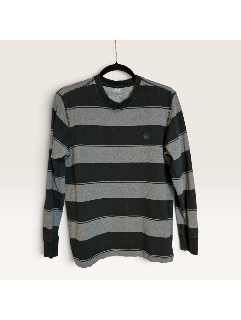 Chaps Men's Long Sleeve Black and Gray Striped Cotton Shirt
